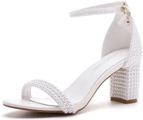 3.75 Inches Women Block Heel Sandals Full White Pearls High Heel Sandals Bridal Wedding Shoes Open Toe Chunky Heel Sandals For Party Evening