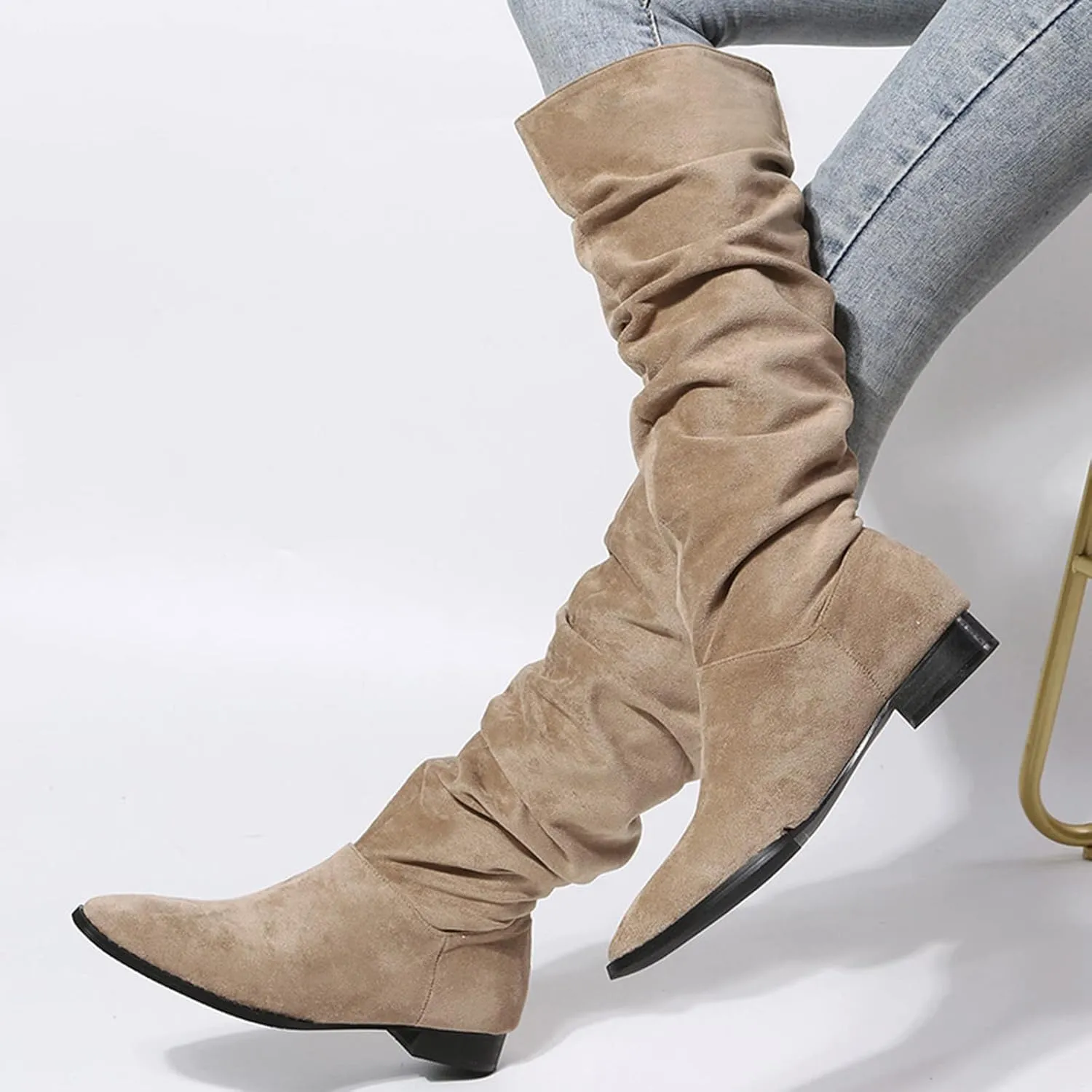Ankle Boots For Women Suede Pleated Thigh High Boots Pull On Knee High Boots Mid Calf Bootie Winter Boots