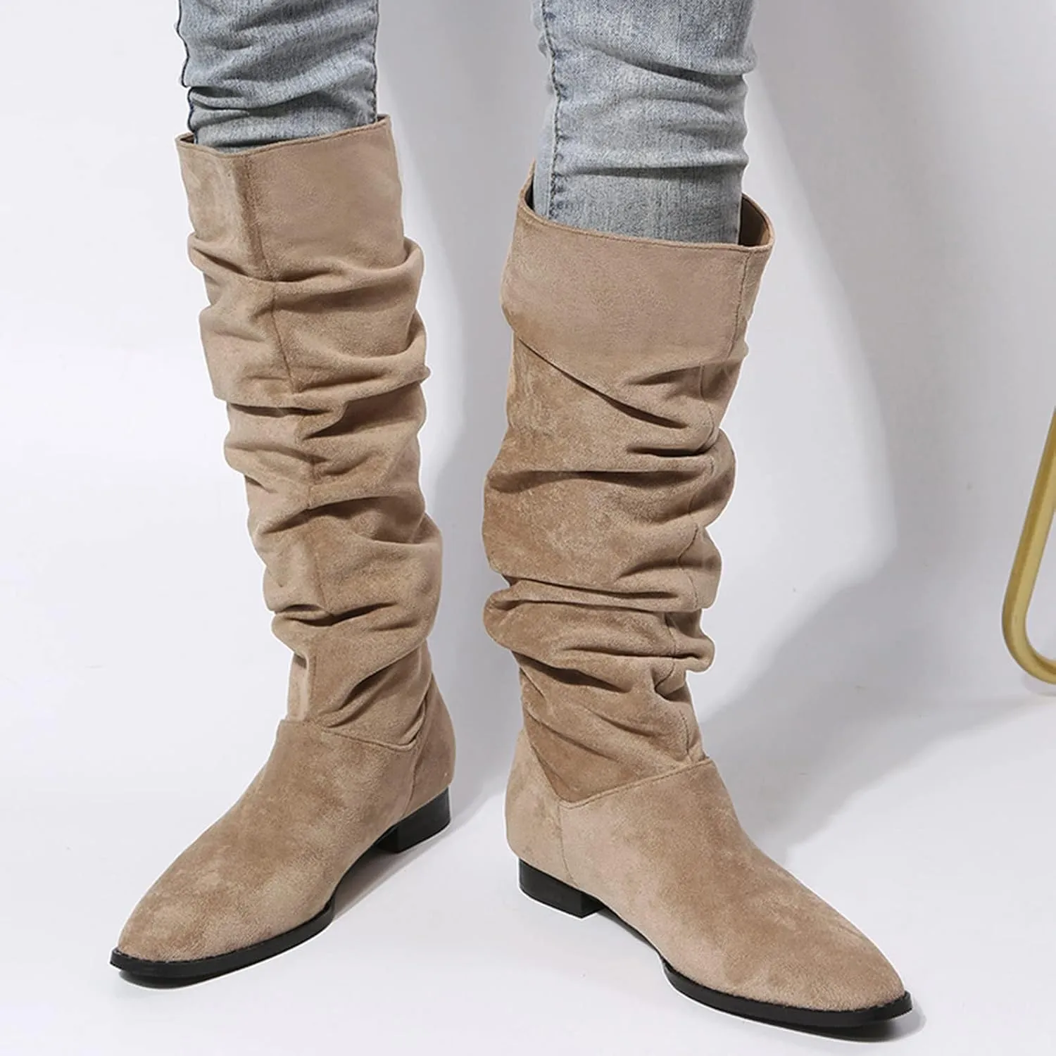Ankle Boots For Women Suede Pleated Thigh High Boots Pull On Knee High Boots Mid Calf Bootie Winter Boots