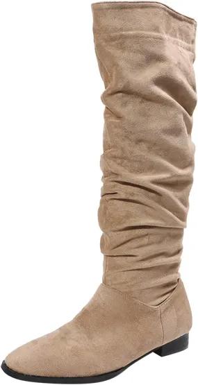 Ankle Boots For Women Suede Pleated Thigh High Boots Pull On Knee High Boots Mid Calf Bootie Winter Boots