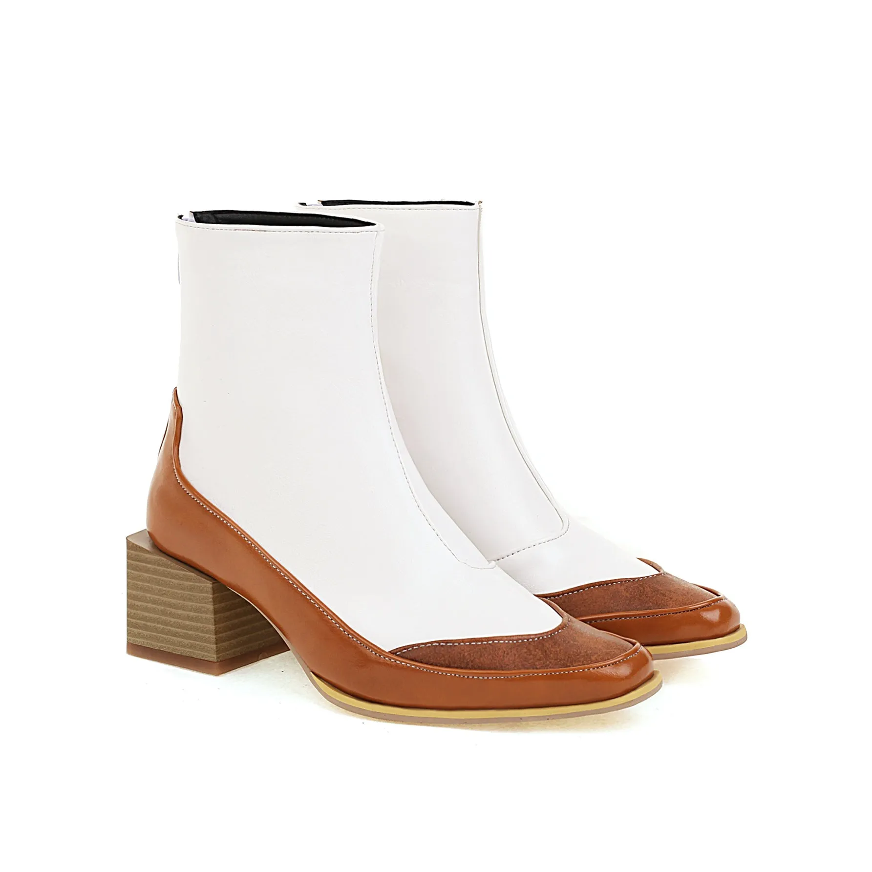 Bigsizeheels Square toe SIen back zipper ankle boots - White