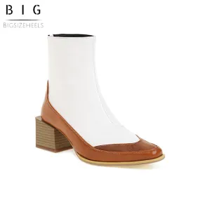 Bigsizeheels Square toe SIen back zipper ankle boots - White