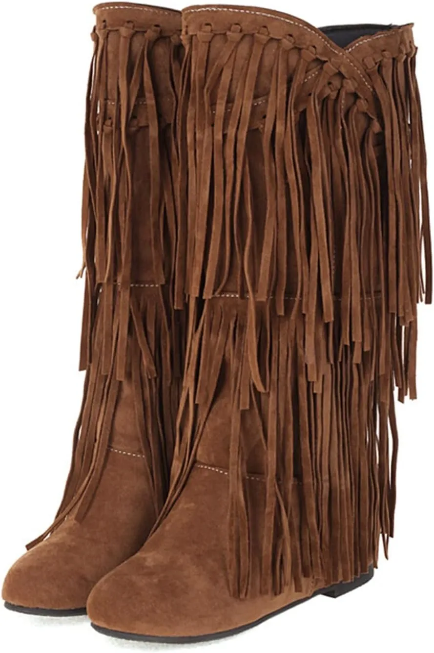 Boots For Women Tassel Cowboys Thigh High Boots Suede Flat Knee High Boots Mid Calf Tall Long Bootie