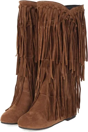 Boots For Women Tassel Cowboys Thigh High Boots Suede Flat Knee High Boots Mid Calf Tall Long Bootie
