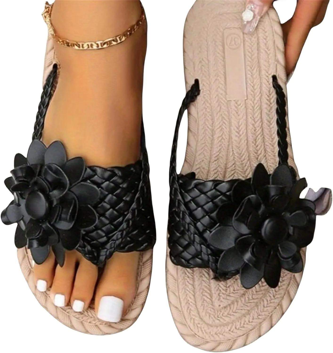 Braided Floral Pattern Sandal Straw Footbed Slide Sandals 3D Stereoscopic Floral Design Shoes Woven Slip On Flats Cute Flower Stylish Slides Detail Toe Post Sandal