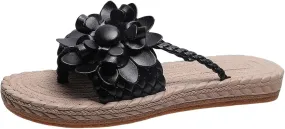Braided Floral Pattern Sandal Straw Footbed Slide Sandals 3D Stereoscopic Floral Design Shoes Woven Slip On Flats Cute Flower Stylish Slides Detail Toe Post Sandal