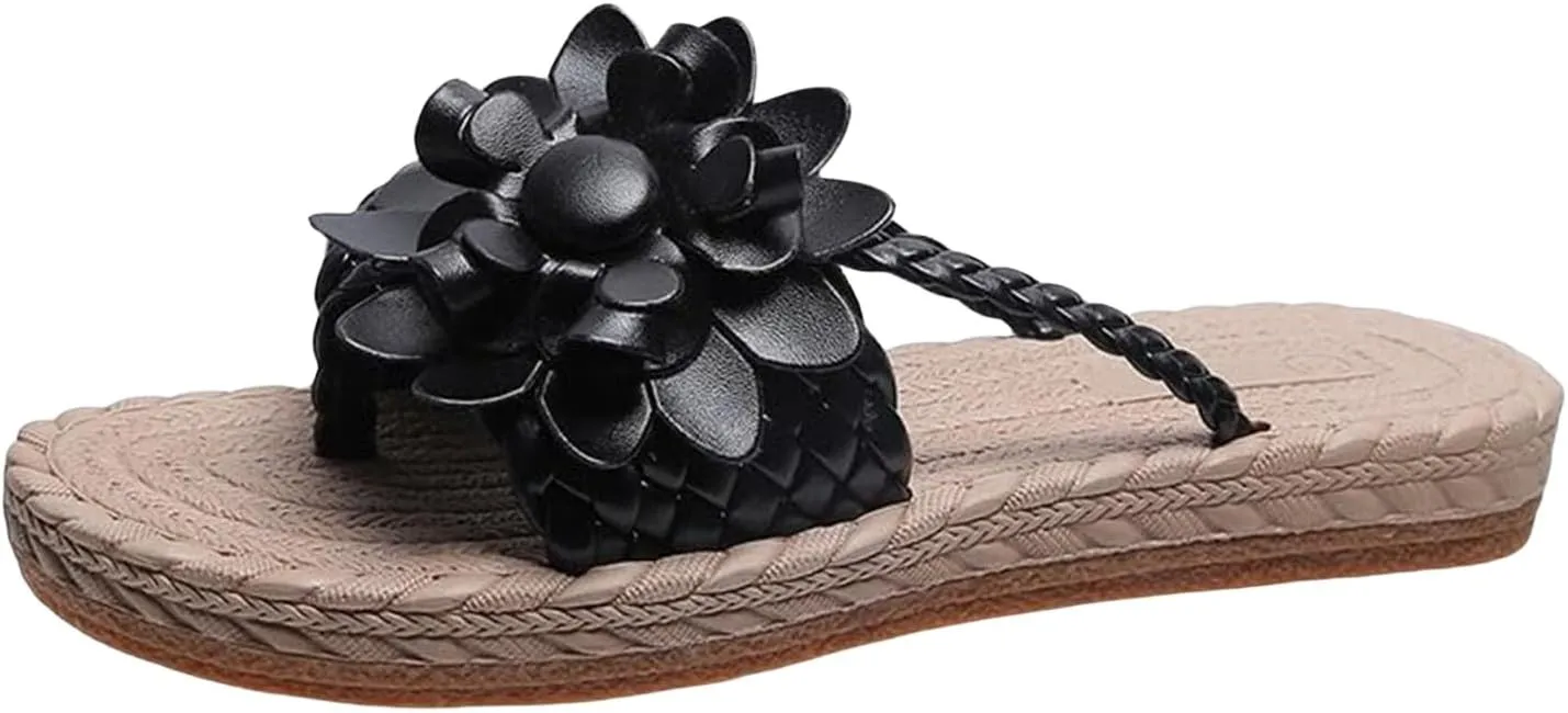 Braided Floral Pattern Sandal Straw Footbed Slide Sandals 3D Stereoscopic Floral Design Shoes Woven Slip On Flats Cute Flower Stylish Slides Detail Toe Post Sandal