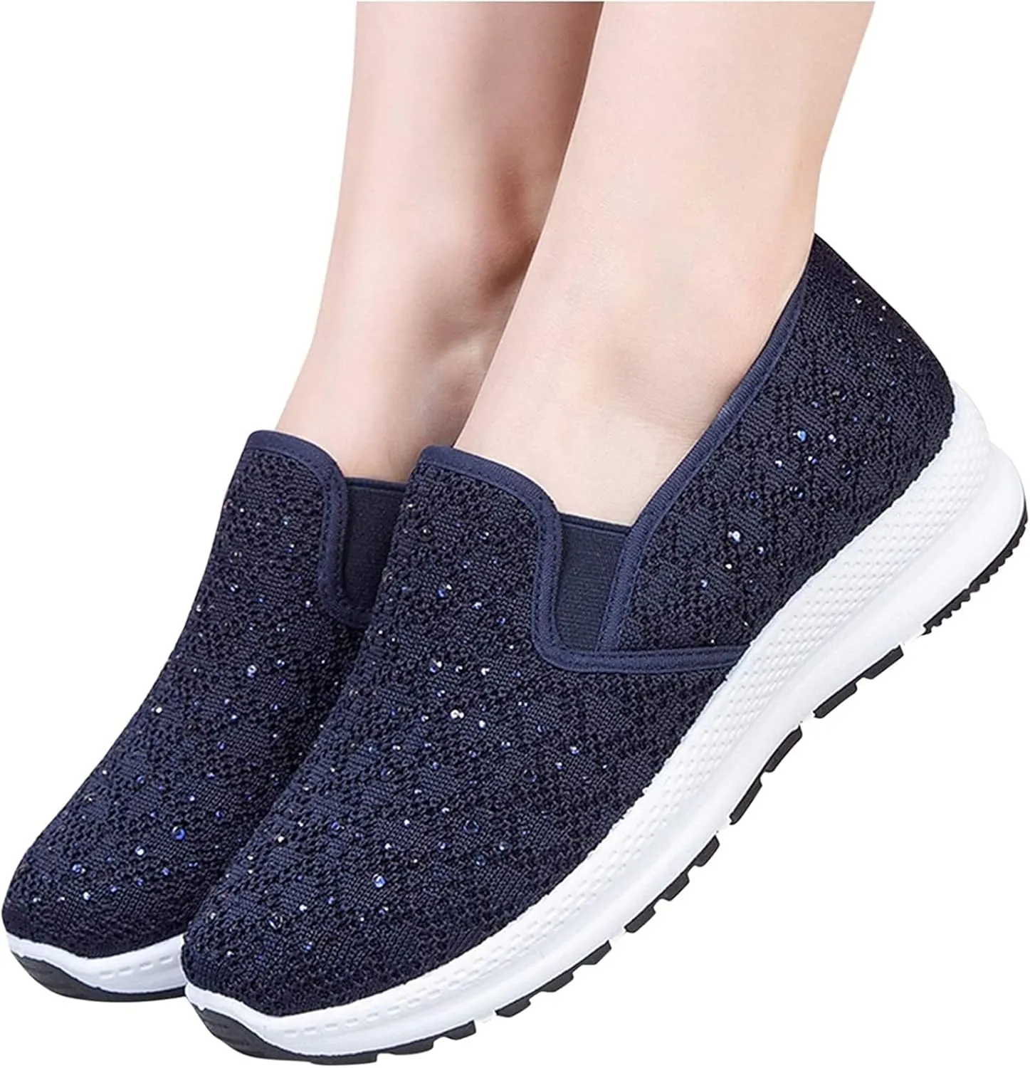 Fashion Rhinestones Sneakers Womens Summer Breathable Mesh Knit Walking Shoes Lightweight Slip on Athletic Wide Width Flats Tennis Trainers Work Casual Canvas Shoes