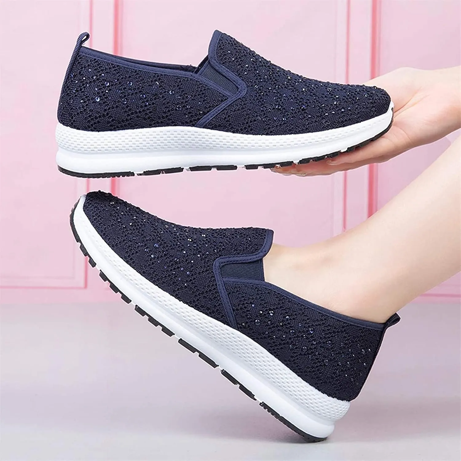Fashion Rhinestones Sneakers Womens Summer Breathable Mesh Knit Walking Shoes Lightweight Slip on Athletic Wide Width Flats Tennis Trainers Work Casual Canvas Shoes
