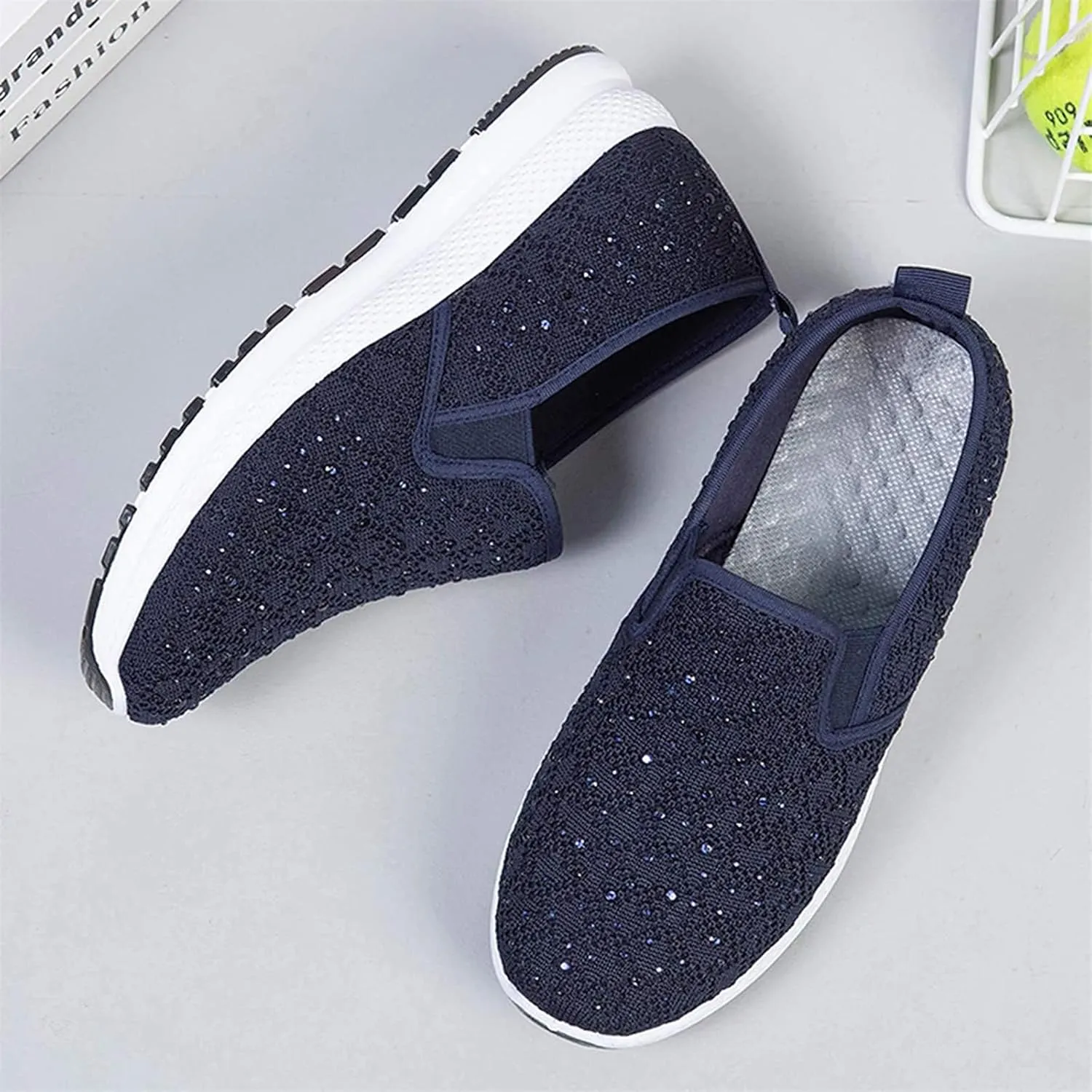 Fashion Rhinestones Sneakers Womens Summer Breathable Mesh Knit Walking Shoes Lightweight Slip on Athletic Wide Width Flats Tennis Trainers Work Casual Canvas Shoes