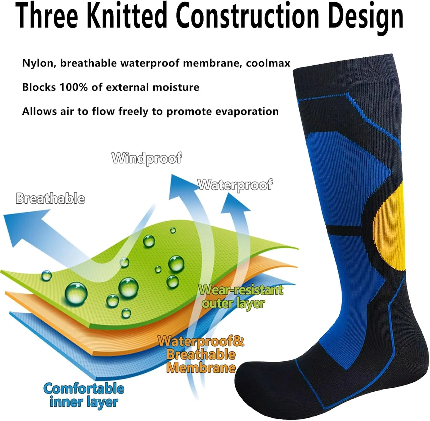 Fullsheild Mens Waterproof Hiking Socks, Unisex Breathable Outdoor Athletic Hiking Wading Trail Running Skiing Crew Socks