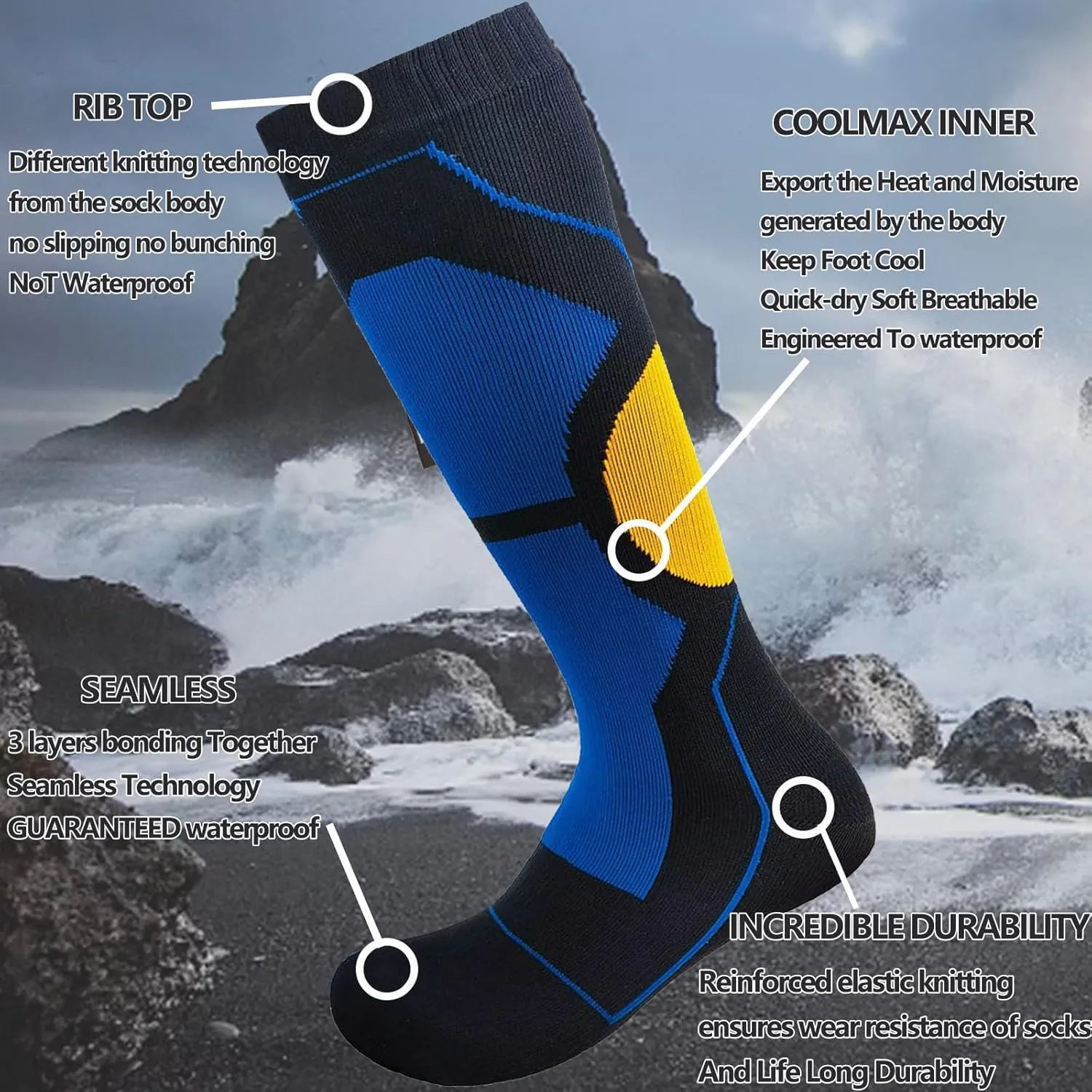 Fullsheild Mens Waterproof Hiking Socks, Unisex Breathable Outdoor Athletic Hiking Wading Trail Running Skiing Crew Socks