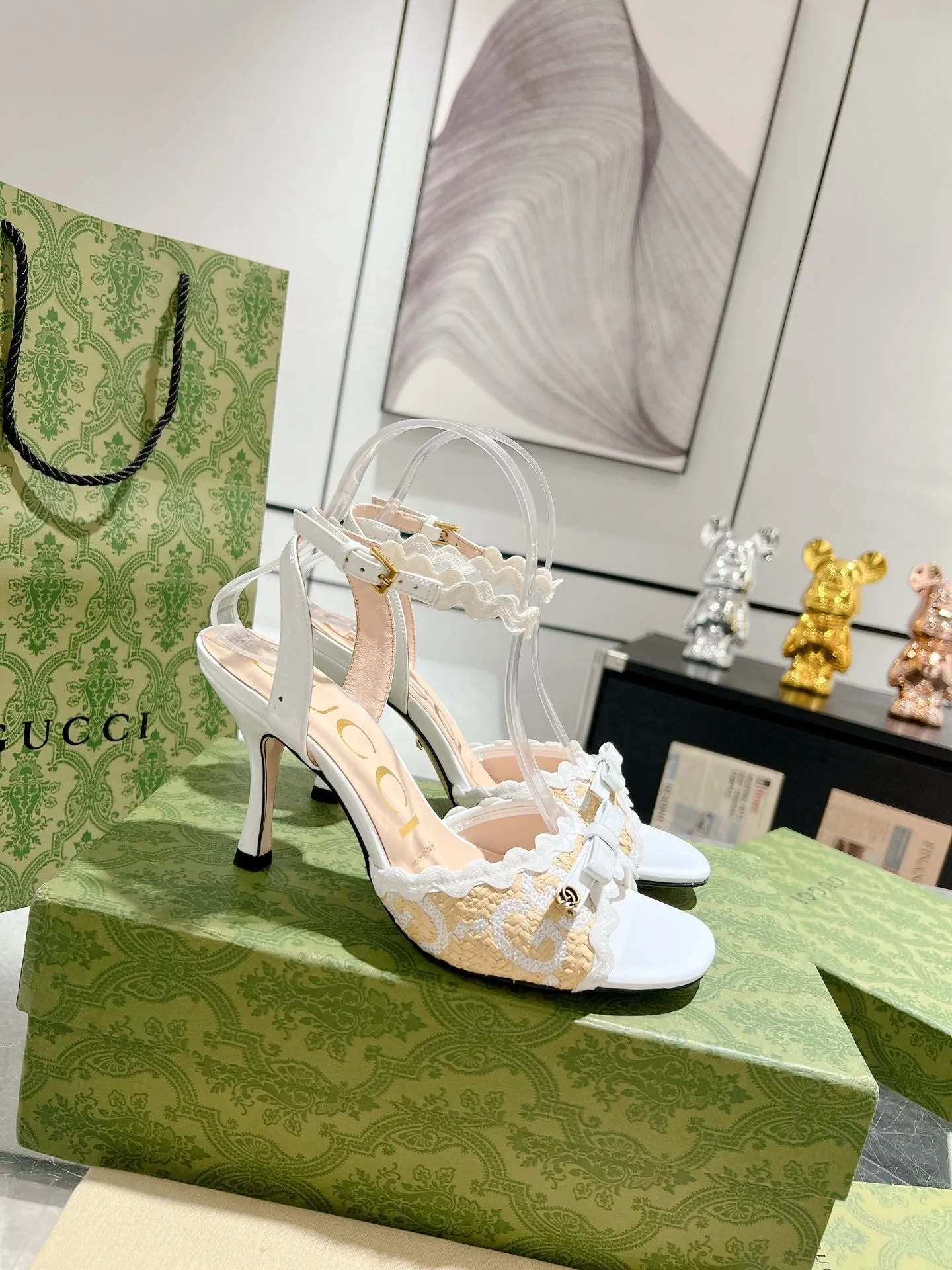 GG HIGH - HEEL SANDAL WHITE FABRIC ATTACH BOW