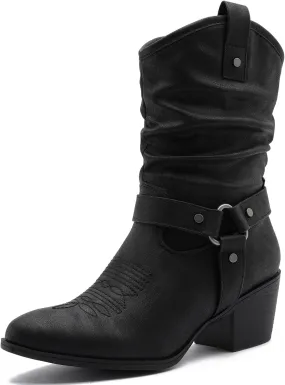 GLOBALWIN Women's Mid Calf The Western Cowgirl Boots Fashion Cowboy Boots For Women Chunky Low Heel