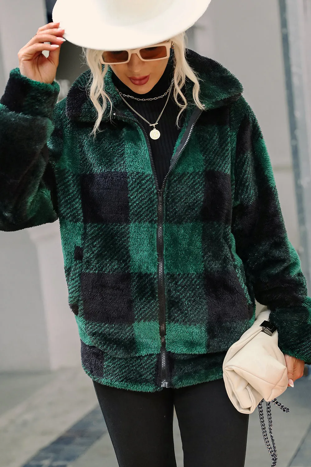 Green Plaid Zipper Fuzzy Jacket Winter Coat