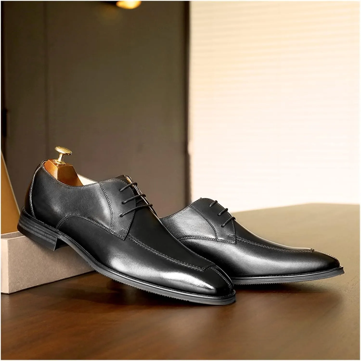 HASMI Business Leather Shoes Men's Square Head British lace-up Breathable Men's Derby Business Men's Shoes