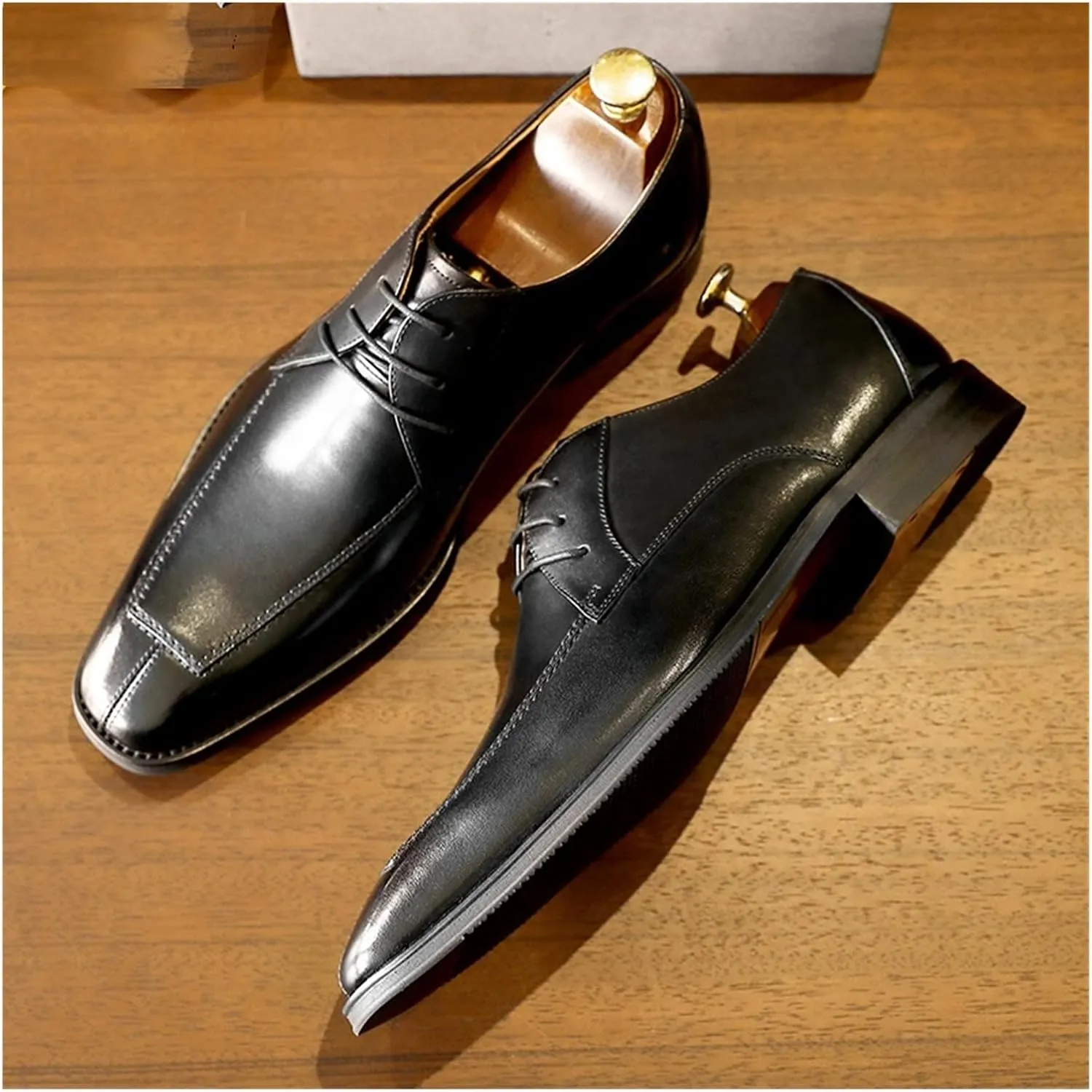 HASMI Business Leather Shoes Men's Square Head British lace-up Breathable Men's Derby Business Men's Shoes