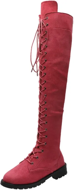 hlysgo Womens Lacing Up Over The Knee Fashion Winter Wide Calf Sexy Thigh High Stretch Long Boots