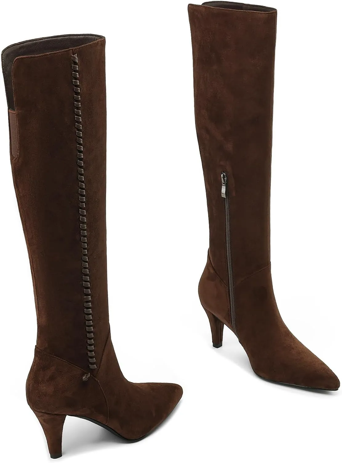 Knee High Boots Women Kitten Heel Suede Tall Boots for Women Pointed Toe Long Boots with Zip