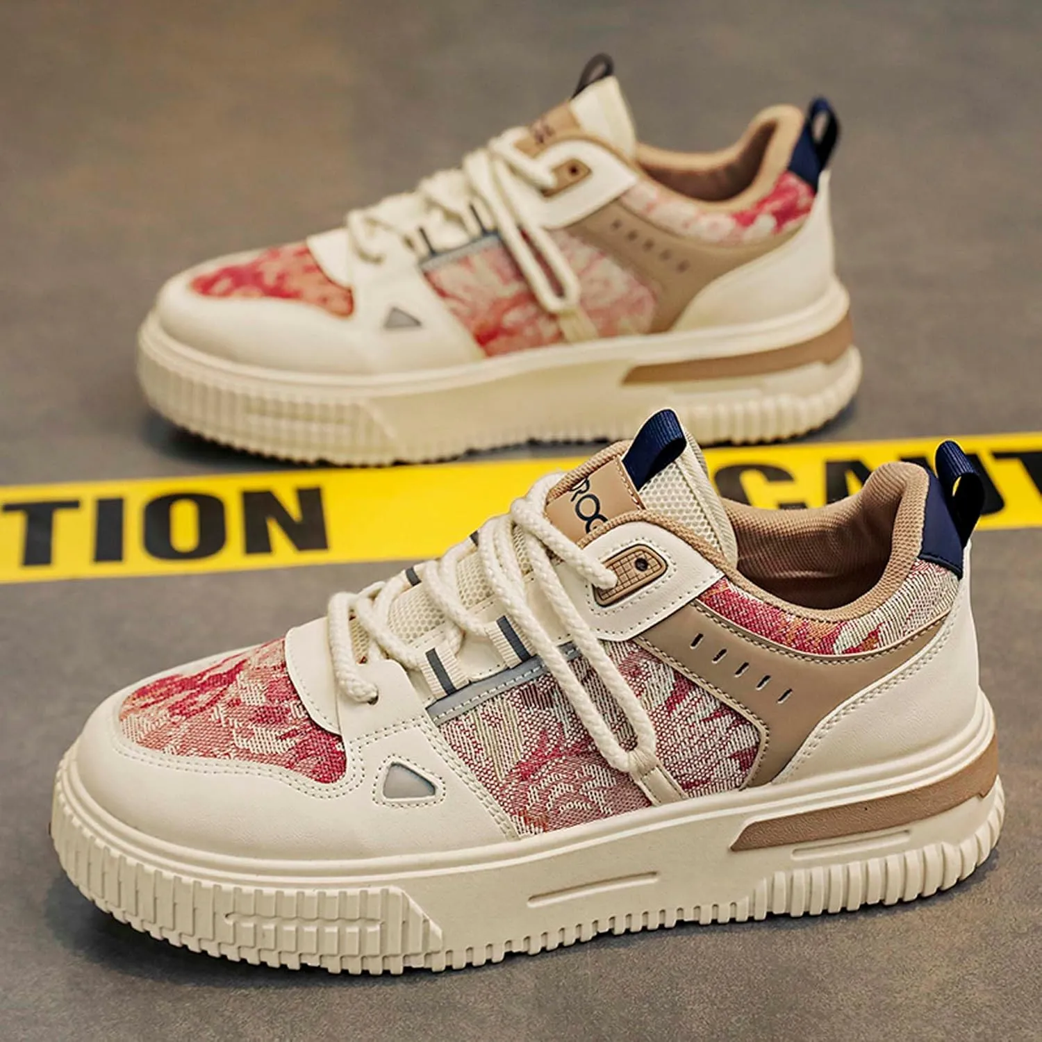 Mens and Womens Tie Up Low Top Skateboard Shoes Anti Slip and Wear Resistant Rubber Soles Casual Sneakers Patterned Short Distance Running Shoes Breathable Thick Soled Walking Shoes