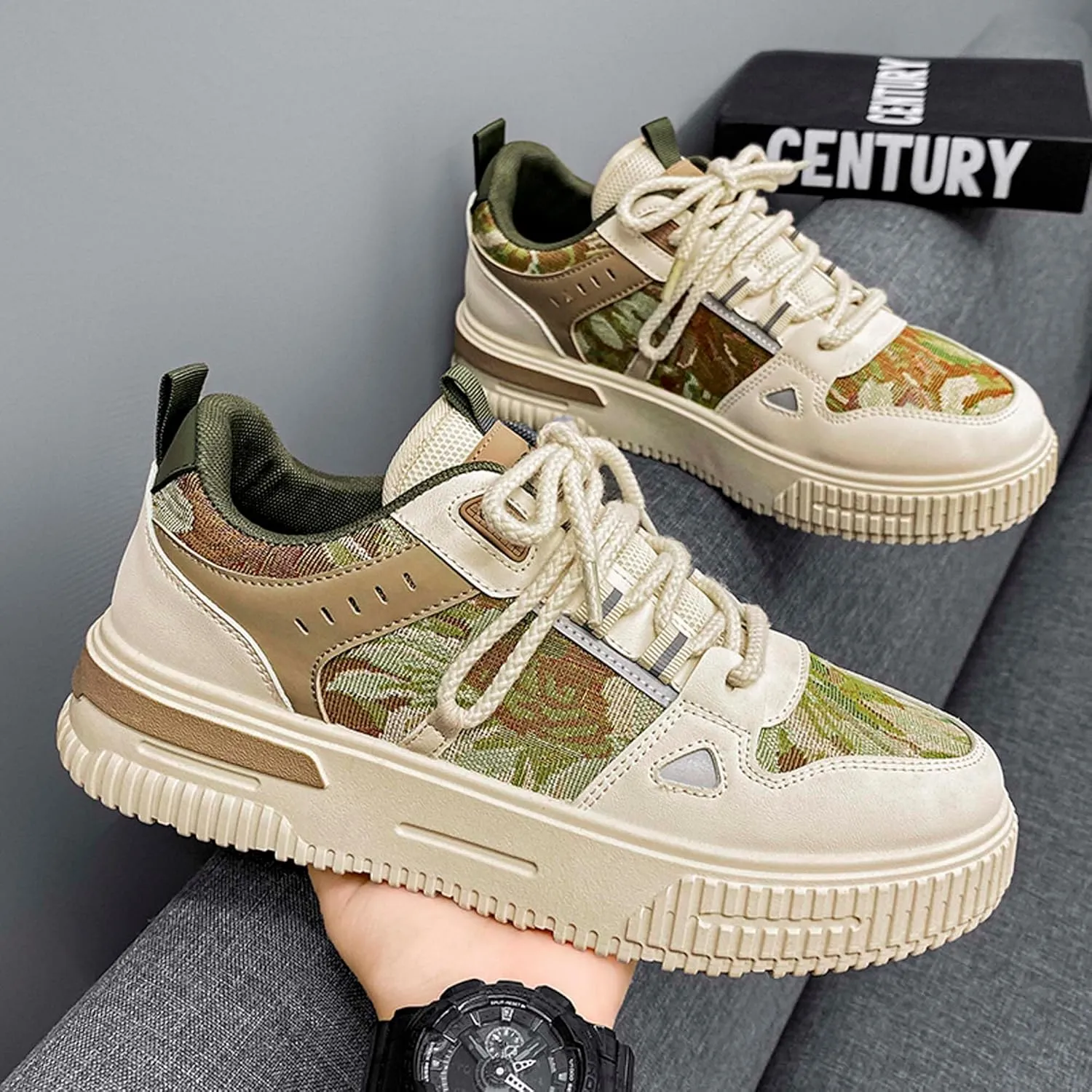 Mens and Womens Tie Up Low Top Skateboard Shoes Anti Slip and Wear Resistant Rubber Soles Casual Sneakers Patterned Short Distance Running Shoes Breathable Thick Soled Walking Shoes