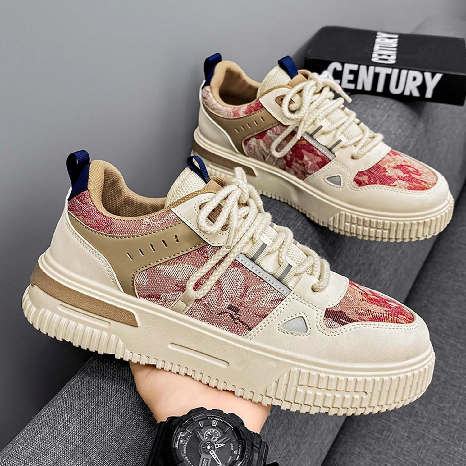 Mens and Womens Tie Up Low Top Skateboard Shoes Anti Slip and Wear Resistant Rubber Soles Casual Sneakers Patterned Short Distance Running Shoes Breathable Thick Soled Walking Shoes