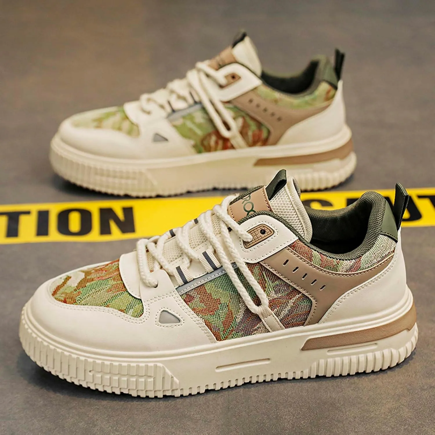 Mens and Womens Tie Up Low Top Skateboard Shoes Anti Slip and Wear Resistant Rubber Soles Casual Sneakers Patterned Short Distance Running Shoes Breathable Thick Soled Walking Shoes