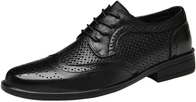 New Men's Brogue Leather Shoes Men Pointed Toe Genuine Leather Dress Shoes Summer Breathable Comfortable Loafers Shoes Trendy Lace-up Soft Sole Bean Shoes