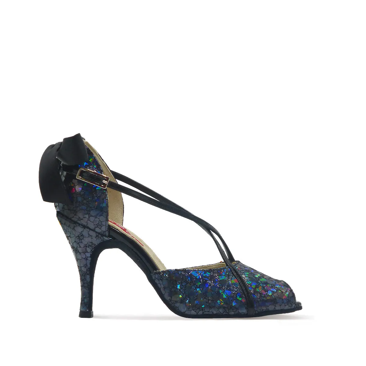 Paoul Ocho Ladies Black Ice Printed Leather Argentine Tango Dance Shoe with Bow on Heel