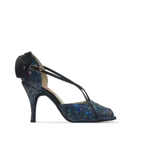 Paoul Ocho Ladies Black Ice Printed Leather Argentine Tango Dance Shoe with Bow on Heel