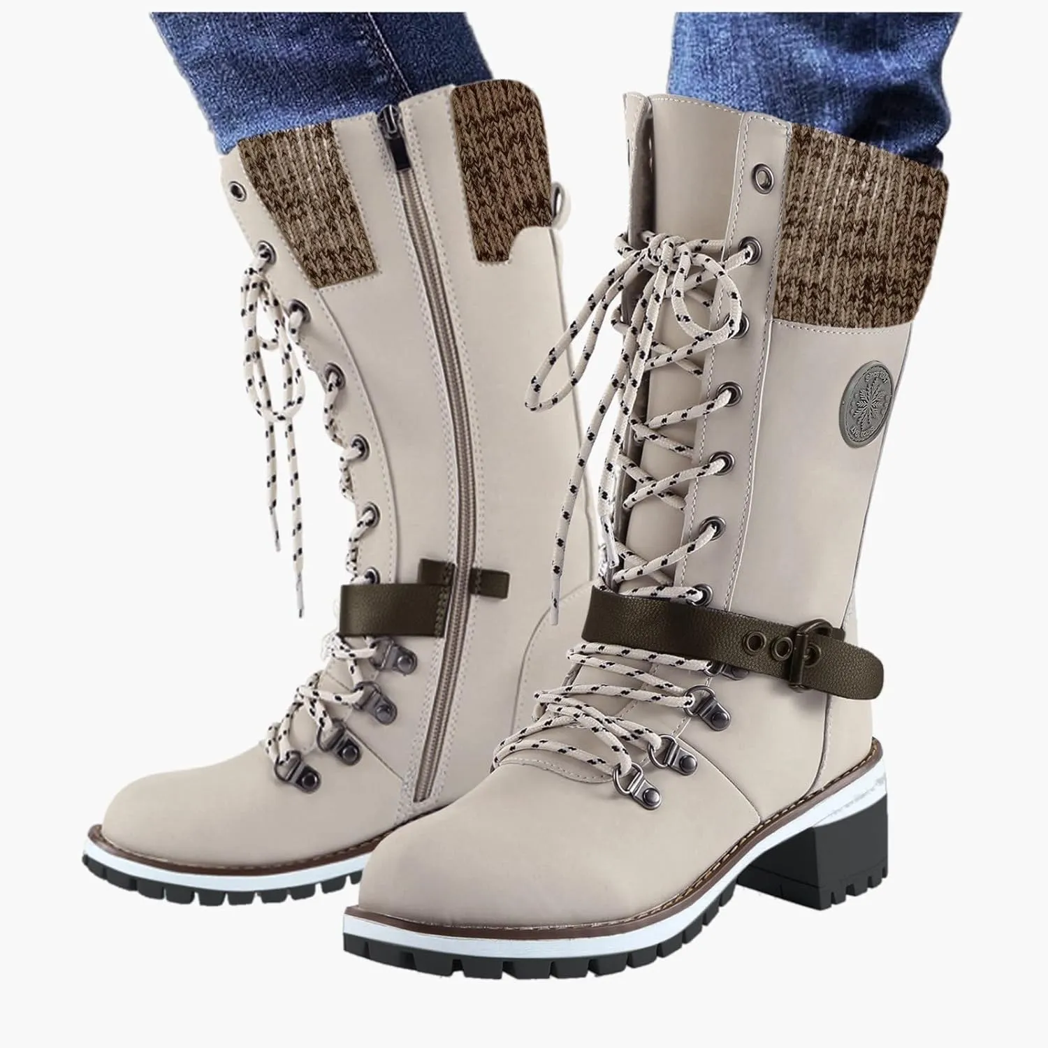 peqiut Combat Boots Womens Square Heel Lace up Booties Mid Calf Boots for Lady Low Chunky Heel Booties Round Toe Combat Shoes