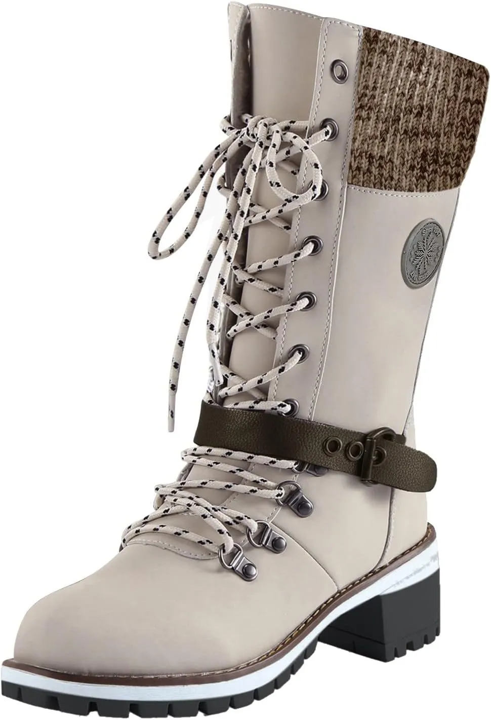 peqiut Combat Boots Womens Square Heel Lace up Booties Mid Calf Boots for Lady Low Chunky Heel Booties Round Toe Combat Shoes