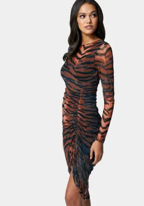 Printed Long Sleeve Ruched Mesh Dress