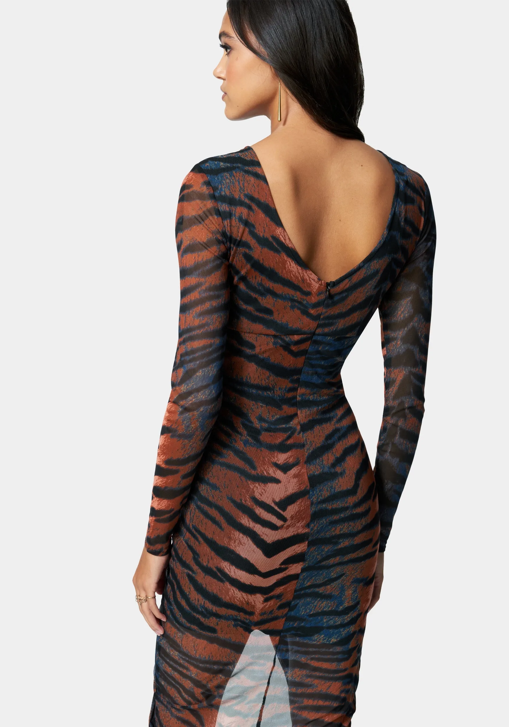 Printed Long Sleeve Ruched Mesh Dress