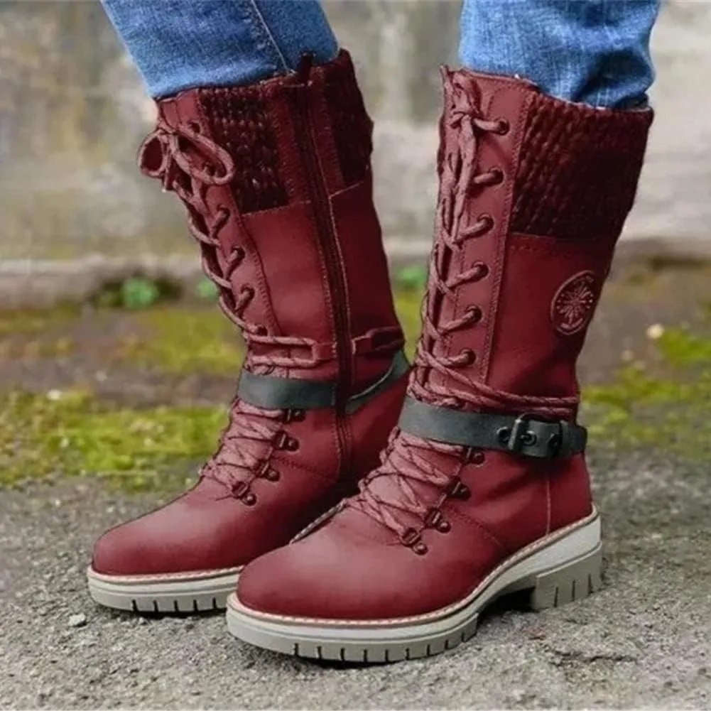 Round Head Women's Western Boots Wool Ankle Buckle Strap Fashion Casual Snow Boots Lace Up Zip Mid Calf Booties Platform Chunky Heel Mid Tube Booties Shoes