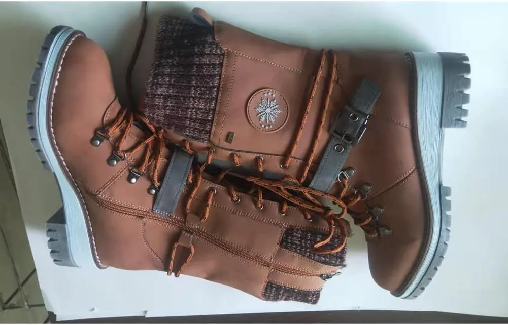 Round Head Women's Western Boots Wool Ankle Buckle Strap Fashion Casual Snow Boots Lace Up Zip Mid Calf Booties Platform Chunky Heel Mid Tube Booties Shoes