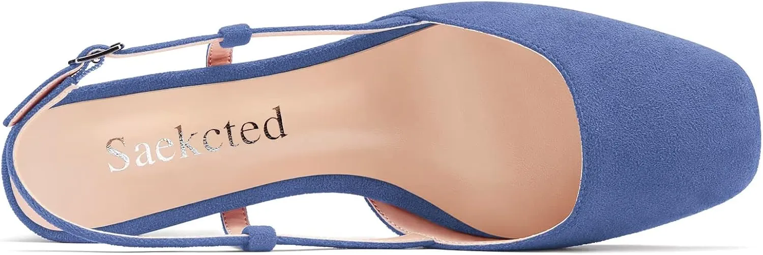 Saekcted Women Chunky Block Low Kitten Heel Square Toe Slingback Pumps Wedding Office Dress 1.4 Inches Heels