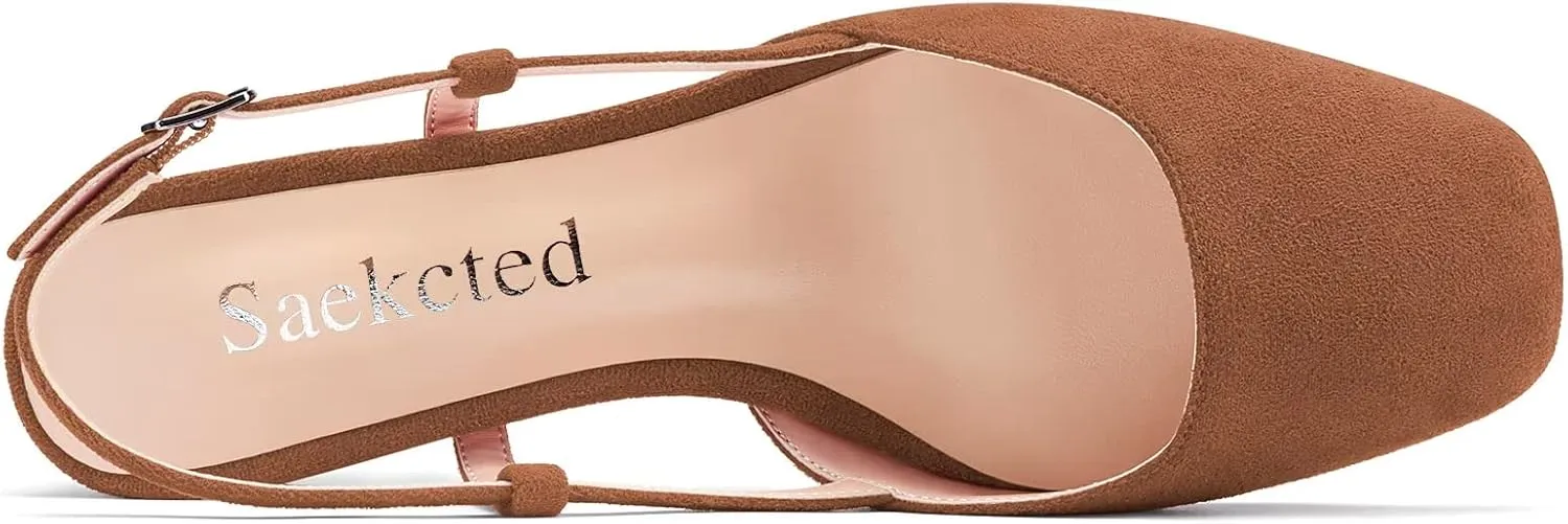 Saekcted Women Chunky Block Low Kitten Heel Square Toe Slingback Pumps Wedding Office Dress 1.4 Inches Heels