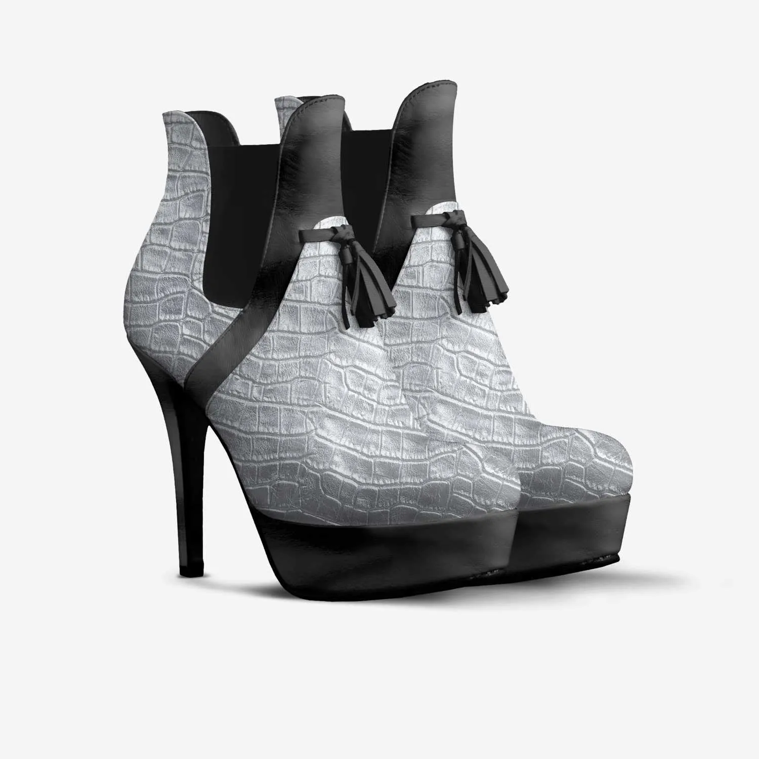 SILVER ALLIGATOR TASSEL PLATFORM BOOTIE