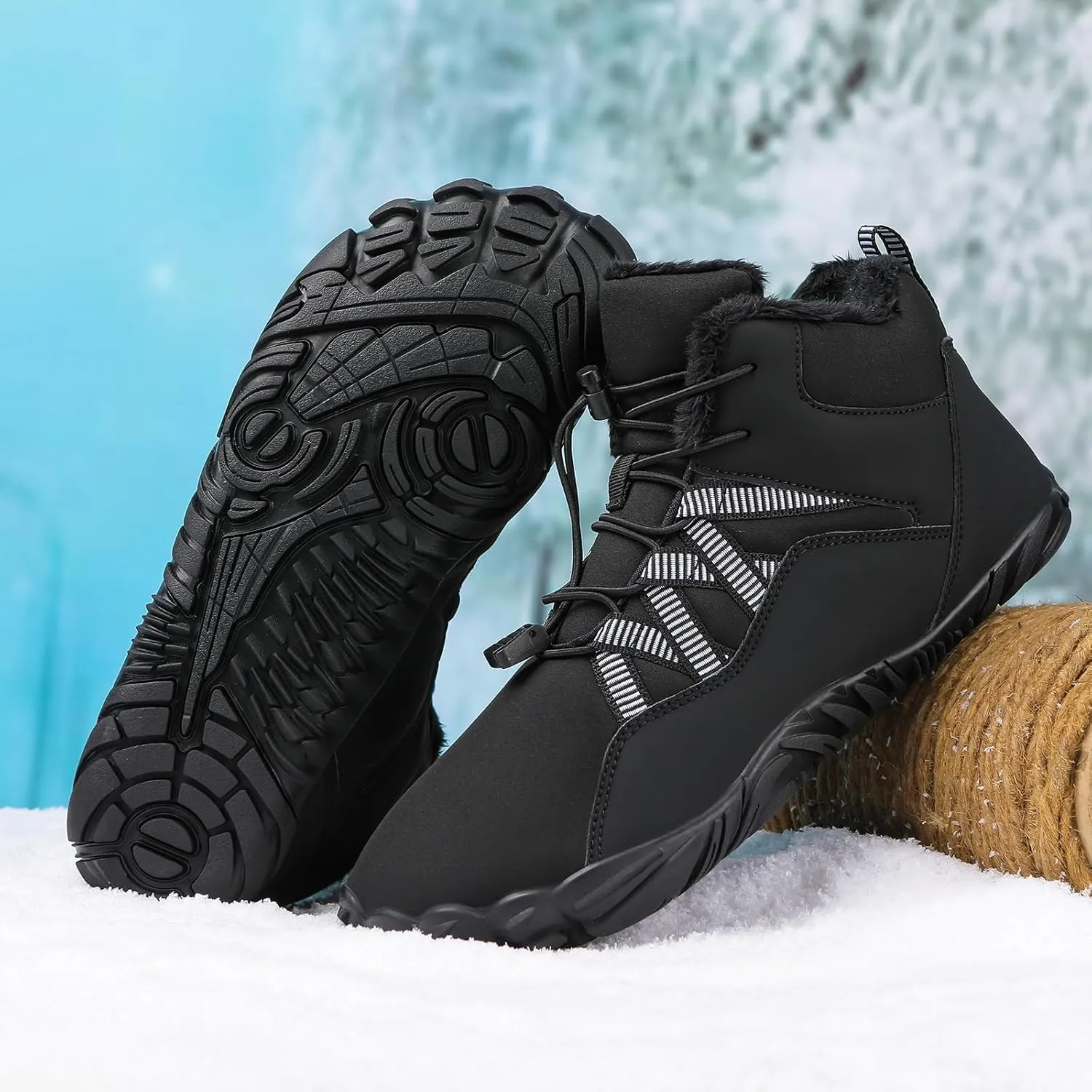 Snow Boots for Women&Men Winter Boots Barefoot Women's Men's Warm Faux Fur Lined Waterproof Snow Sneakers Wide Toe Box Zero Drop Ankle Booties Slip On Minimalist Barefoot Winter Casual Shoes