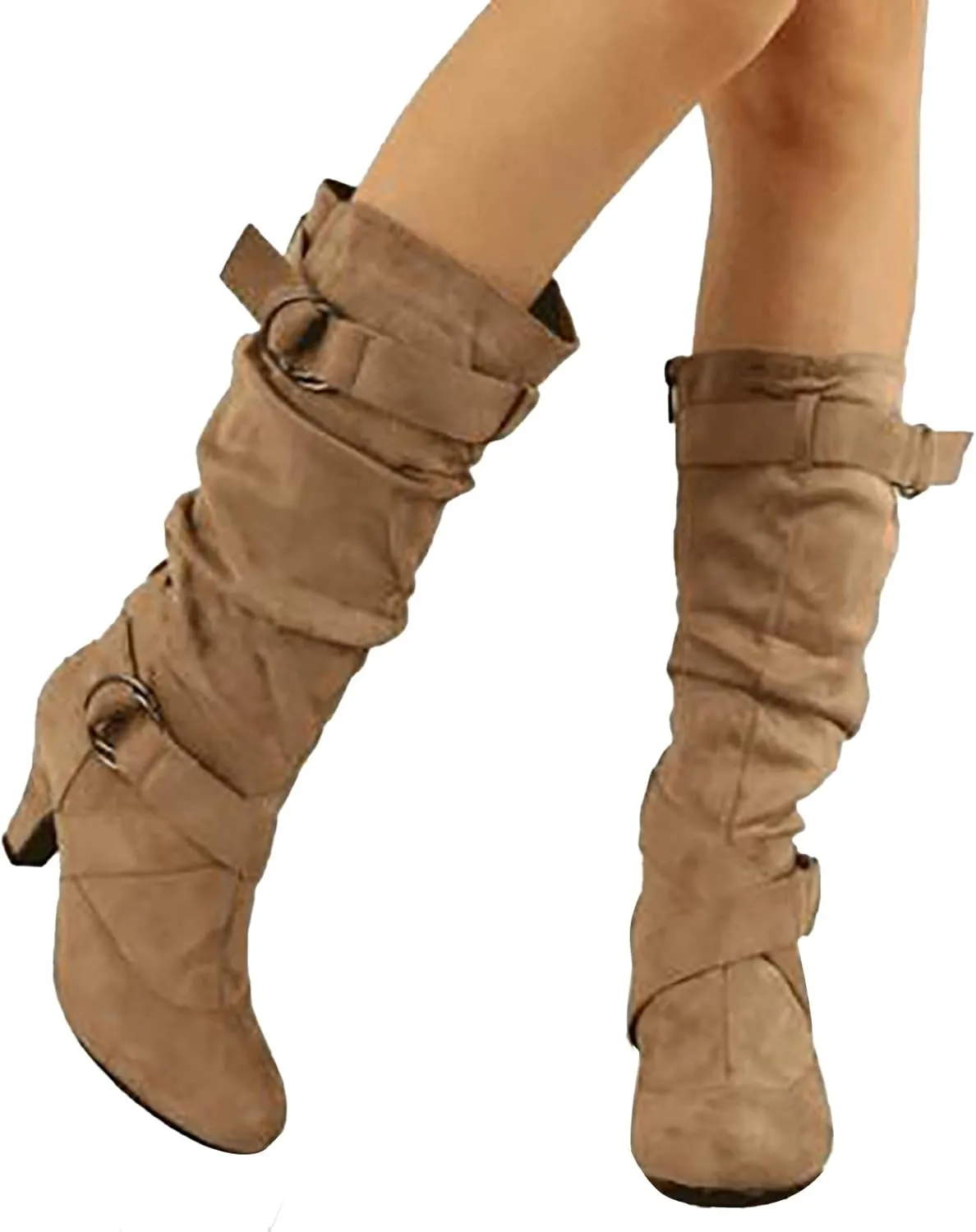 White Cowgirl Boots Suede Cross Belt Thigh High Boots Low Heeled Pull On Knee High Boots Mid Calf Bootie