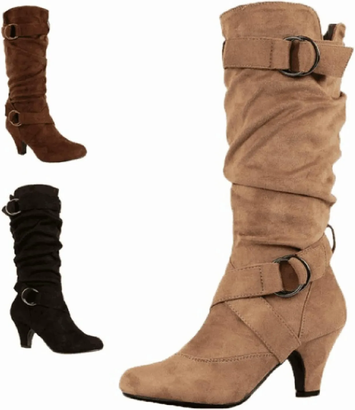 White Cowgirl Boots Suede Cross Belt Thigh High Boots Low Heeled Pull On Knee High Boots Mid Calf Bootie
