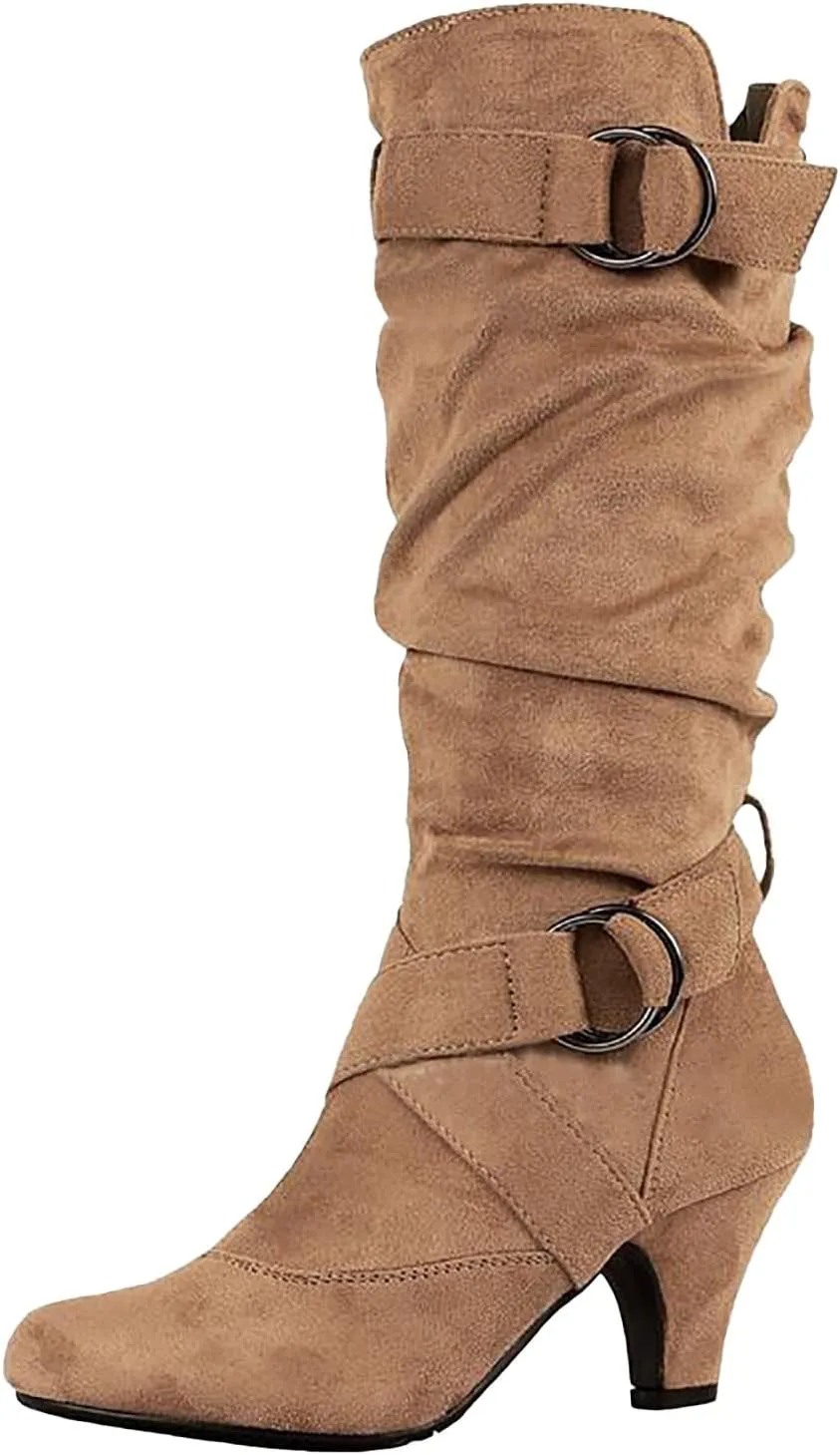 White Cowgirl Boots Suede Cross Belt Thigh High Boots Low Heeled Pull On Knee High Boots Mid Calf Bootie