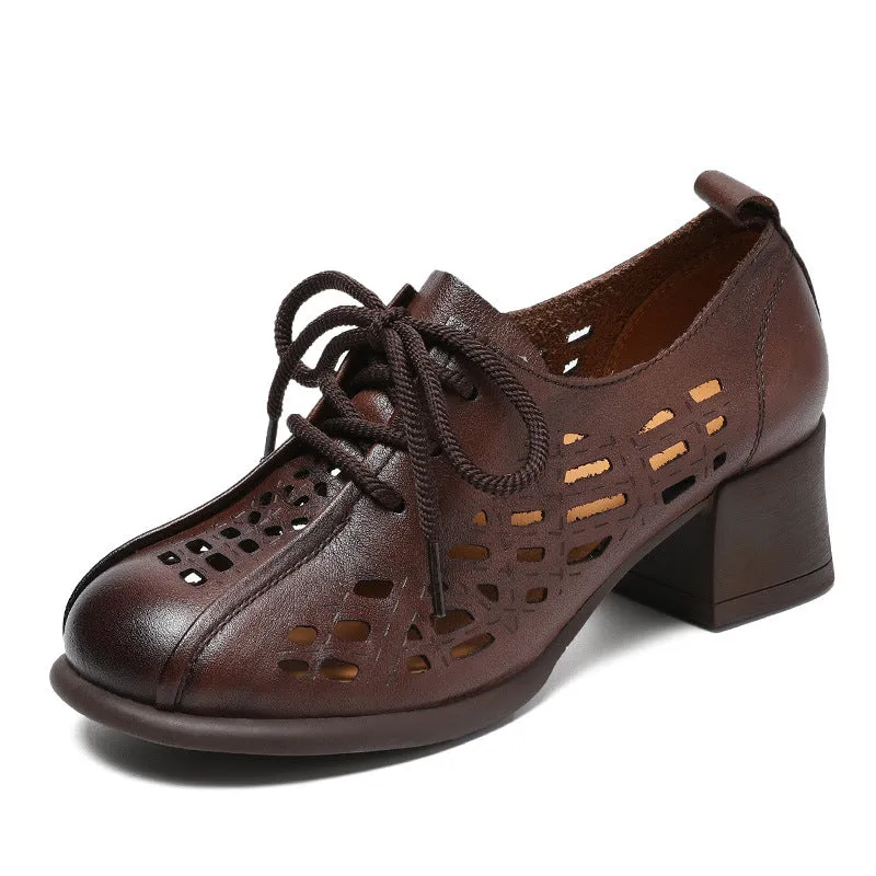 Women Hollow Leather Lace Up Summer Heel Casual Shoes