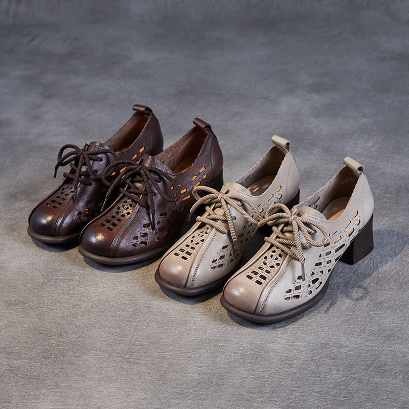 Women Hollow Leather Lace Up Summer Heel Casual Shoes