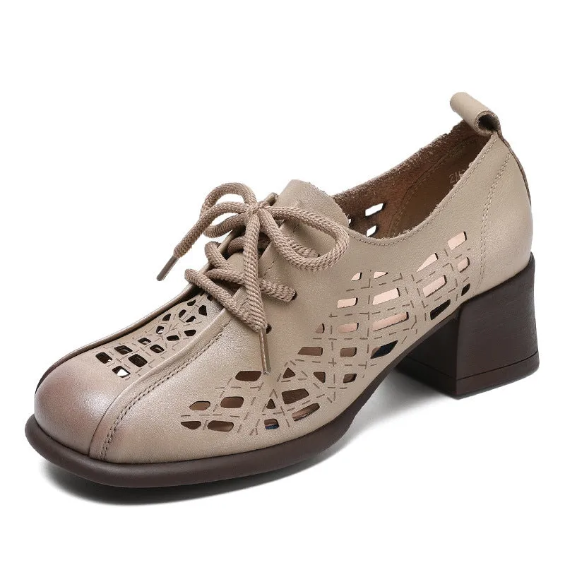Women Hollow Leather Lace Up Summer Heel Casual Shoes