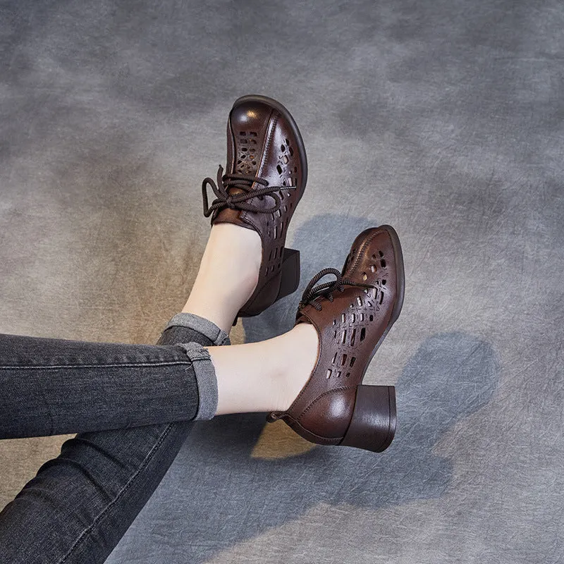 Women Hollow Leather Lace Up Summer Heel Casual Shoes