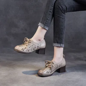 Women Hollow Leather Lace Up Summer Heel Casual Shoes