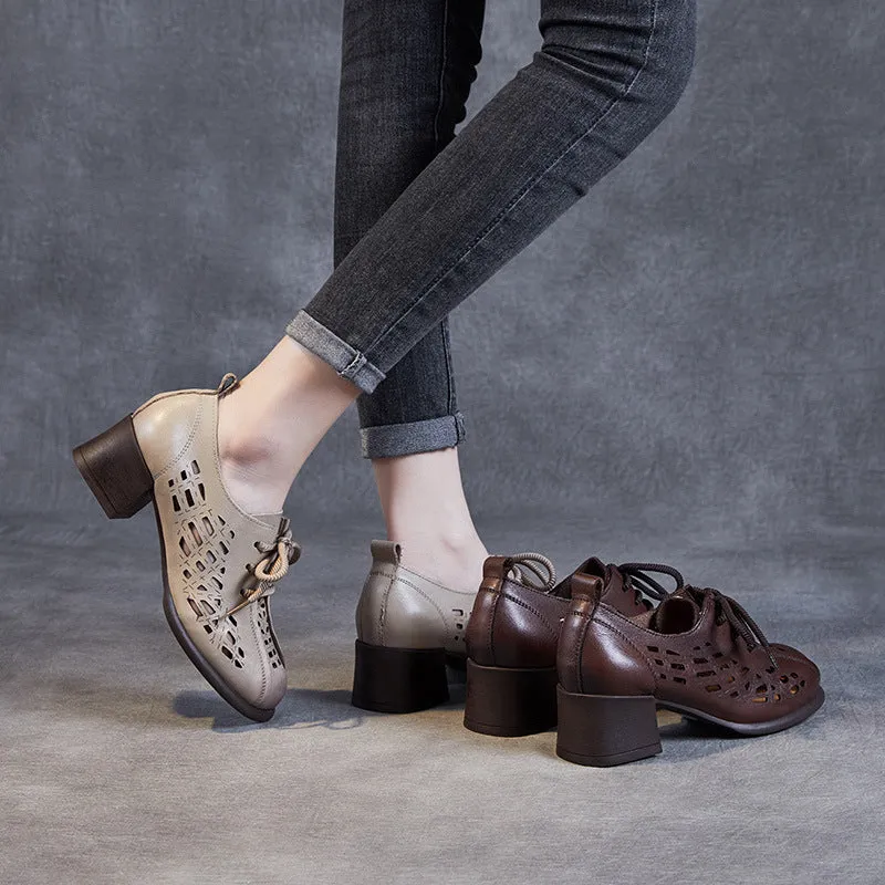 Women Hollow Leather Lace Up Summer Heel Casual Shoes