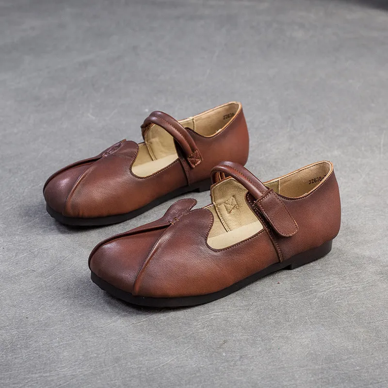 Women Retro Leather Casual Velcro Tape Flat Shoes